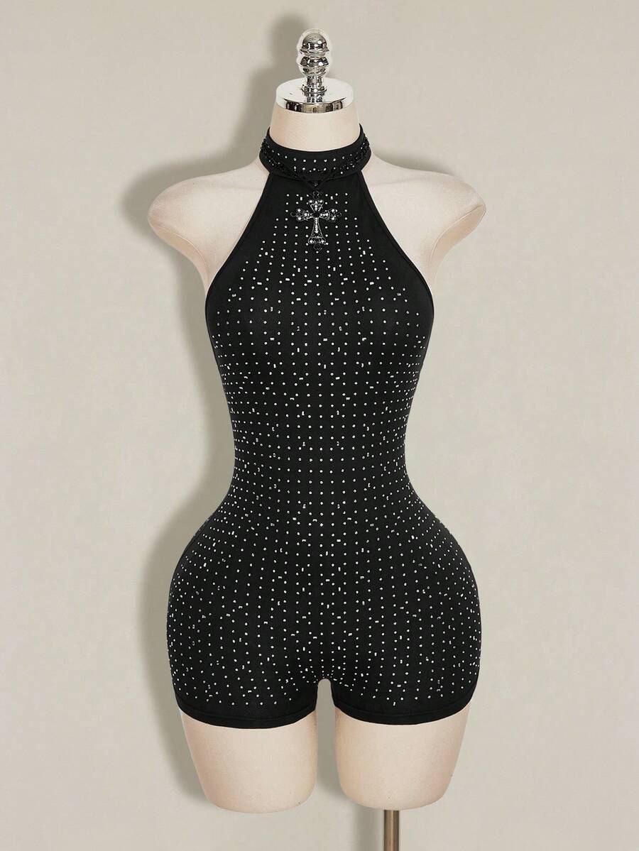 SHEIN ICON Women's Rhinestone Embellished Halter Neck Jumpsuit - Black - View 1
