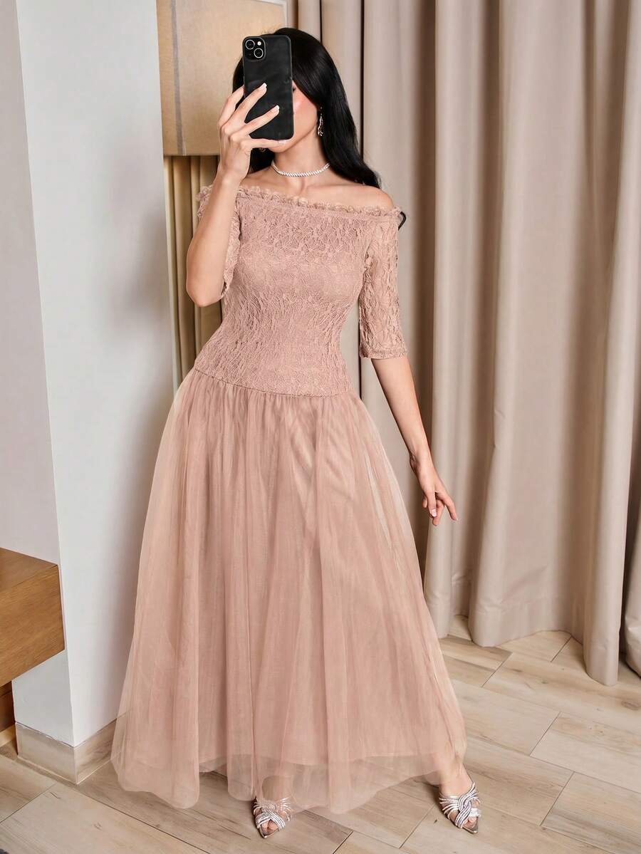Modelyn 女士撞色蕾丝露肩优雅中长连衣裙 - 藕粉色 - 查看 1