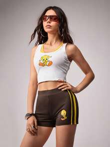 LOONEY TUNES X SHEIN Women's Contrast Color Brown Checkered Cartoon Print Leggings Gym Summer Casual Athleisure - Coffee Brown - View 5