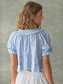 WESTFADE Áo ngủ babydoll xếp tầng, cổ nhún, thắt nơ phía trước, in họa tiết hoa. - Nhiều màu - Xem 2