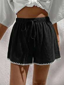Easowa Quần short nữ dệt 100% cotton, kiểu dáng thường ngày, thích hợp cho kỳ nghỉ xuân/hè. - màu đen - Xem 5