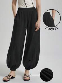 Ontre 2026 New Black Elastic Waist Lantern Pants, Versatile Summer Suitable For Beach, Holiday, Country Music Festival, Urban Commute, Casual, Elegant, Minimalist Style For Women - Black - View 3