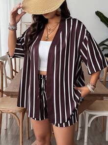 SHEIN VCAY 2pcs Plus Size Striped Short Sleeve Jacket Set, Casual Fashionable, Suitable For Daily Wear And Vacation - Coffee Brown - View 6