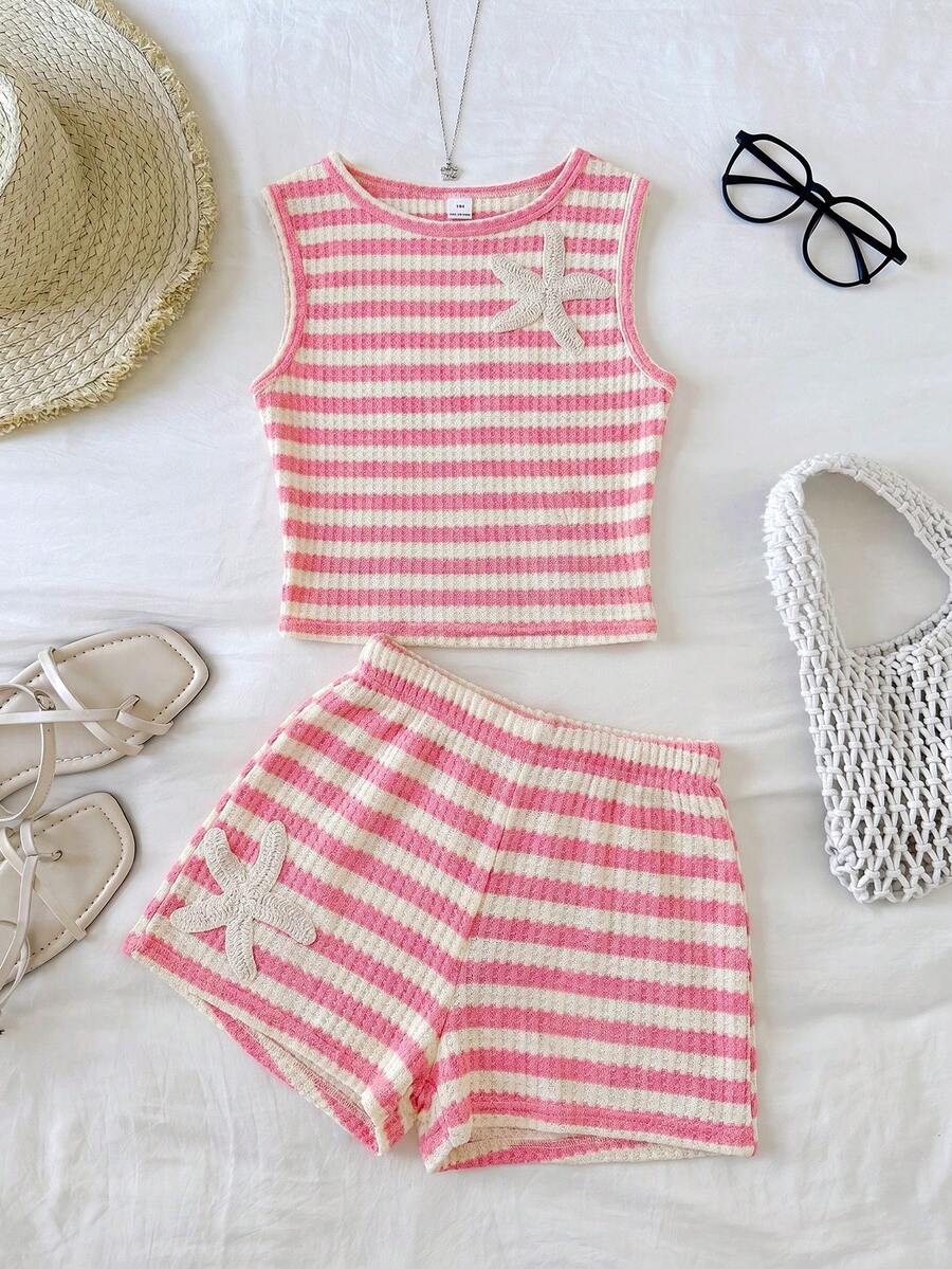 SHEIN Tween Girl Casual Comfortable Round Neck Sleeveless Starfish Decor Striped Tank Top And Shorts 2-Piece Set - Pink - View 1