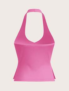 SHEIN BASICS Casual Solid Color Knit Halter Neck Women's Top - Hot Pink - View 7