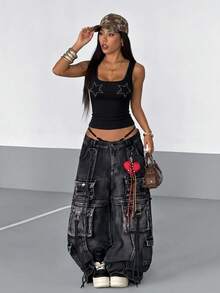 StreetHx Áo tank top ngắn ôm sát in hình ngôi sao năm cánh dành cho nữ - màu đen - Xem 6