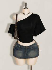 SHEIN ICON Y2k 夏季女款黑色夜店性感外出純色不對稱領短袖側抽繩時尚上衣 - 黑色 - 查看 12