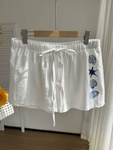 Comfortcana Plus Size Casual Loose Drawstring Solid Color Comfortable Shorts, Spring/Summer - White - View 3
