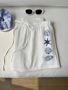 Comfortcana Plus Size Casual Loose Drawstring Solid Color Comfortable Shorts, Spring/Summer - White - View 4