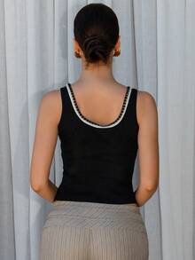 Bris Aura CONTRAST TAPE RIBBED TANK TOP,SUMMER OUTFITS Casual Black - Black - View 3