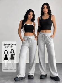 SHEIN PETITE Comfortable And Casual Plain Knitted Low-Rise Wide-Leg Women's Sweatpants Baggy - Grey - View 2