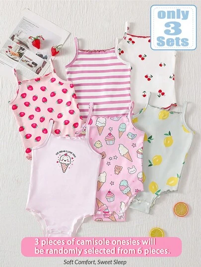 [3 Bộ/Gói] Bộ áo liền quần cho bé gái, họa tiết dễ thương ngẫu nhiên như dâu tây, sọc, anh đào, kem, chanh, phong cách mùa hè tươi mát, phù hợp cho bé gái mặc hàng ngày.