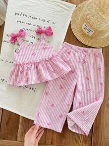 SHEIN LMoss Kids LMoss 女婴夏季可爱条纹吊带背心和松紧腰裤两件套 - 粉色 - 查看 1