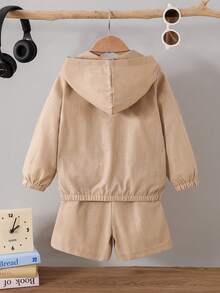 2pcs/Set Young Boy Casual Minimalist Sports Hooded Jacket And Shorts, Suitable For Daily Wear, School, Sports, Spring/Summer/Autumn - Khaki - View 2
