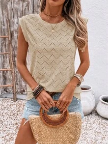 SHEIN LUNE Women's Solid Color Round Neck Hollow Design Casual Boho Sexy T-Shirt Everyday Pastal Summer Travel Golf Vacation Orange - Khaki - View 5