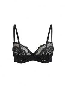 DesireSculpt Lace Patchwork Bow Underwire Bra For Women - Black - View 4