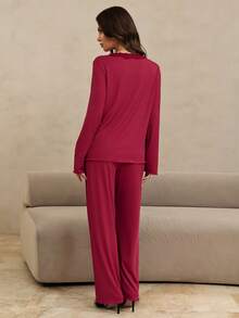HautHeat Women's Lace Patchwork Tie-Up Single-Breasted Long Sleeve Top And Pants Casual Loungewear Set - Burgundy - View 2