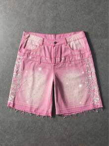 ROMWE MEN Street Life Quần short denim nam có túi, thêu đá lấp lánh. - Hồng - Xem 1