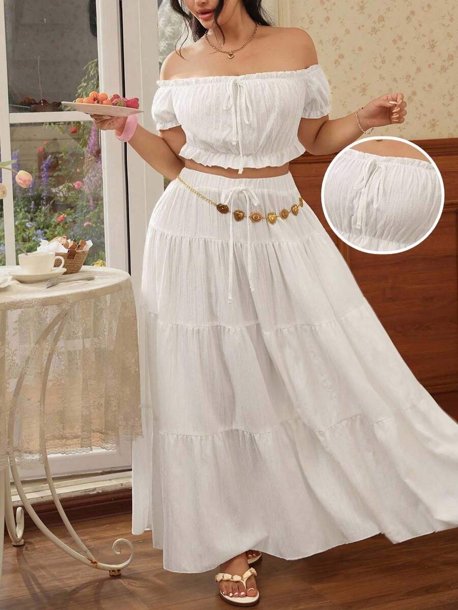 CovetEZ 春夏度假露肩荷叶边短款上衣和抽绳腰带层叠下摆长裙加大码两件套 - 白色 - 查看 1