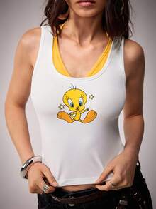 LOONEY TUNES X SHEIN Women's Cartoon Print Casual Basic Tank Top, Golf White - White - View 1