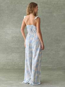 WESTFADE Bộ jumpsuit ống rộng dáng suông, in hoa, cổ tròn, thắt nơ phía trước, tay bồng xếp ly. - Nhiều màu - Xem 2