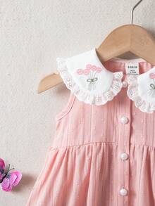 SHEIN Infant Girls' Cute Light Pink Summer Dress Elegant Sweet Embroidered Ruffle Collar Jacquard Fabric Sleeveless Cotton Dress For Parties 0-1 Years Old - Baby Pink - View 8