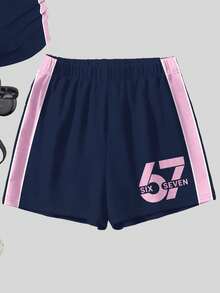 2pcs Tween Girls Casual Minimalist Digit 67 Print Short Sleeve Top And Shorts Set, Suitable For Summer - Multicolor - View 4