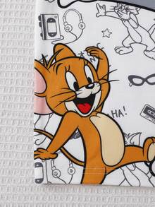 TOM & JERRY X SHEIN GraphicGems 夏季青少年男童可爱卡通联名印花柔软舒适弹力贴身短袖短裤四件套睡衣 - 彩色 - 查看 5
