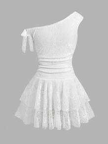 SHEIN Tween Girls Asymmetric Shoulder Lace Layered Ruffle Hem Dress, Suitable For Afternoon Tea - Apricot - View 2