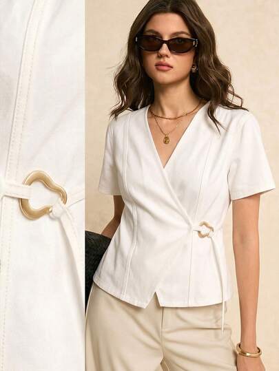 Poéselle Women's Solid Color Casual Short Sleeve Denim Blouse Going Out Tops
