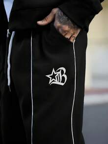 Devon Thys Manfinity Streetrush 男士五角星印花长袖外套和裤子休闲套装，秋季服装 - 黑色 - 查看 5