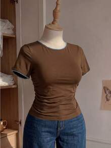 Comfortcana Plus Size Waist Ruched Elastic T-Shirt - Brown - View 4