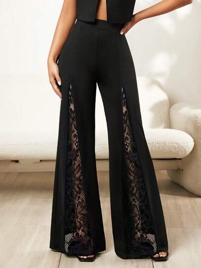 SHEIN Tall CURVE 大码女士性感撞色蕾丝喇叭裤