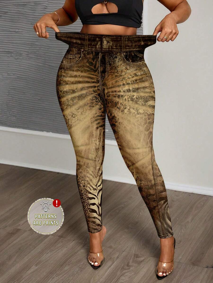 Slaydiva Plus Size Women Leopard Print Leggings, Suitable For Music Festivals