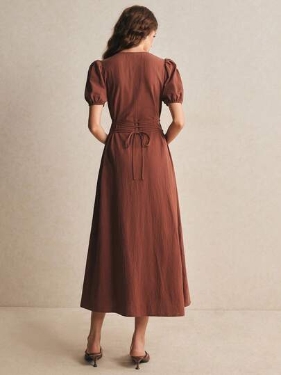 Poéselle Women's Solid Color Round Neck Short Petal Sleeve Single-Breasted Pocket Casual Mid-Length Dress,Brown Dress,100% Cotton French Dress,Country Dress For Women,
