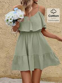 SHEIN Clasi Đầm nữ thanh lịch mới, kiểu dáng trễ vai, dây mảnh, thoải mái, chất liệu cotton màu đỏ thẫm trơn, dáng chữ A. - Màu xanh Bạc hà - Xem 5