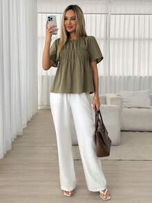 Easowa Women's Solid Color Minimalist Short Sleeve Blouses, Casual Clothes,Summer Top - Army Green - View 4