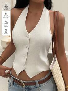 SHEIN EZwear 女士夏季亚麻系带露背薄款西装外套，秋冬季款 - 杏色 - 查看 3