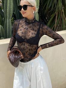 DAZY 女士立领网纱拼接性感透视长袖T恤，适合日常穿着外出上衣 - 黑色 - 查看 5