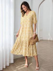 Miaspire Đầm nữ phong cách Bohemian, in họa tiết toàn thân, cổ chữ V, tay phồng, thích hợp cho kỳ nghỉ hè. - Màu vàng - Xem 3