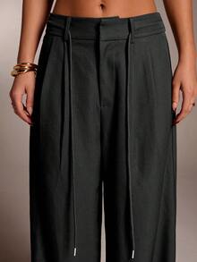 SHEIN Tall CURVE CURVE 大尺碼女款高個子寬腿褲，高腰黑色休閒辦公度假長褲，日常商務休閒優雅秋季款 - 黑色 - 查看 9
