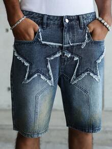 Manfinity EMRG Short en jean délavé avec motif étoile déchiré, style décontracté à la mode pour la rue et les déplacements quotidiens. Été. - Bleu marine - Voir 5