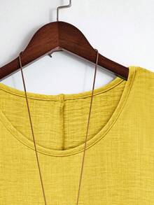 Plus Size Women's Solid Color Round Neck Batwing Sleeve Top And Allover Print Casual Pants Set,Yellow,Summer,Boho,Vacation,Holiday Ladies Outfit Suit - Yellow - View 4
