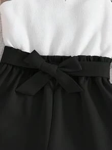 SHEIN 少女可爱夏季白色吊带弹力腰连体裤 - 黑色 - 查看 4