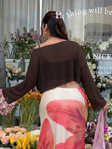 GalTyme Áo croptop dài tay, màu trơn, vai lệch, dáng rộng, phong cách thường ngày dành cho nữ, cỡ lớn. - Màu nâu Sô-cô-la - Xem 2