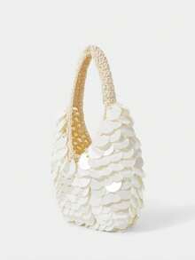 SHECARRY Women's Fashionable Beige Sequined Handbag, Exquisite And Gorgeous Lightweight, Handmade Hook Line Design, Suitable For Daily, Commuting, Dating, Summer, Party, Vacation, Beach, Seaside Matching - White - View 3