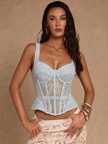 SHEIN Glamour Áo vest nữ thêu họa tiết xương cá rỗng, tinh tế và đa năng. - Xanh và trắng - Xem 5