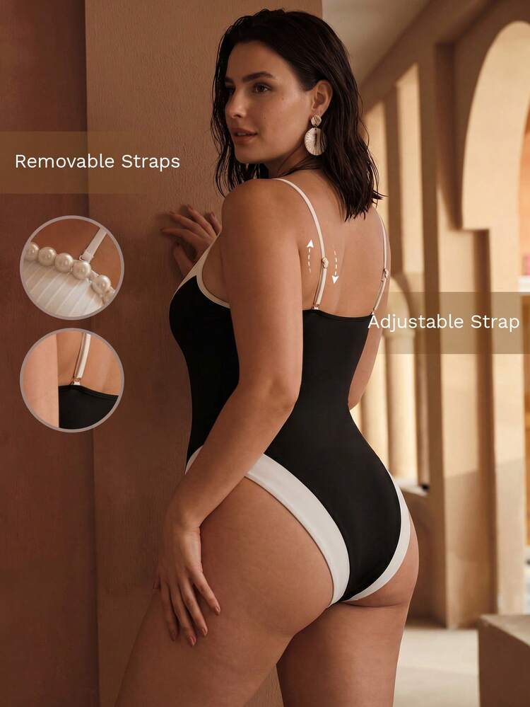 PLUS SIZE ELEGANT KNITTED TEXTURED COLOR BLOCK BEADED DETACHABLE STRAP HIGH SLIT ONE-PIECE SWIMSUIT, SUITABLE FOR BEACH VACATION, BLACK & WHITE BATHING SUITS FOR WOMEN ONE PIECE SWIMSUIT WOMEN
