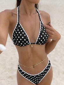 Swim Mod 女款圓點印花掛脖綁背兩件式泳衣套裝，夏季度假海灘適用 - 彩色 - View 1