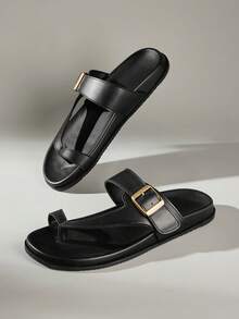 Solecia Spring And Summer New Single Buckle Toe Design Open Toe Flat Bottom Simple High-End Black Slippers Outer Wear Home Daily Street - Black - View 1